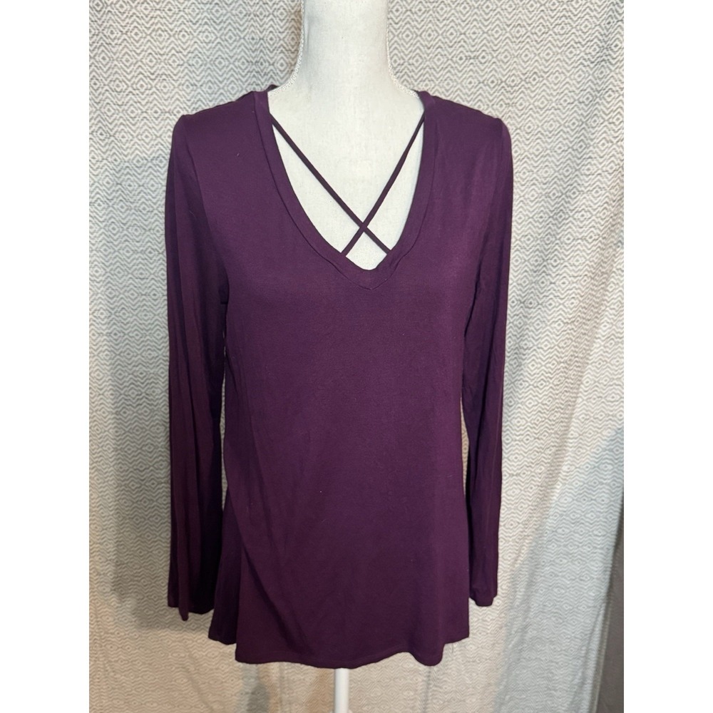 GNW Maroon Long Sleeve Tee Cross Collar V Neck Stretchy Soft Large